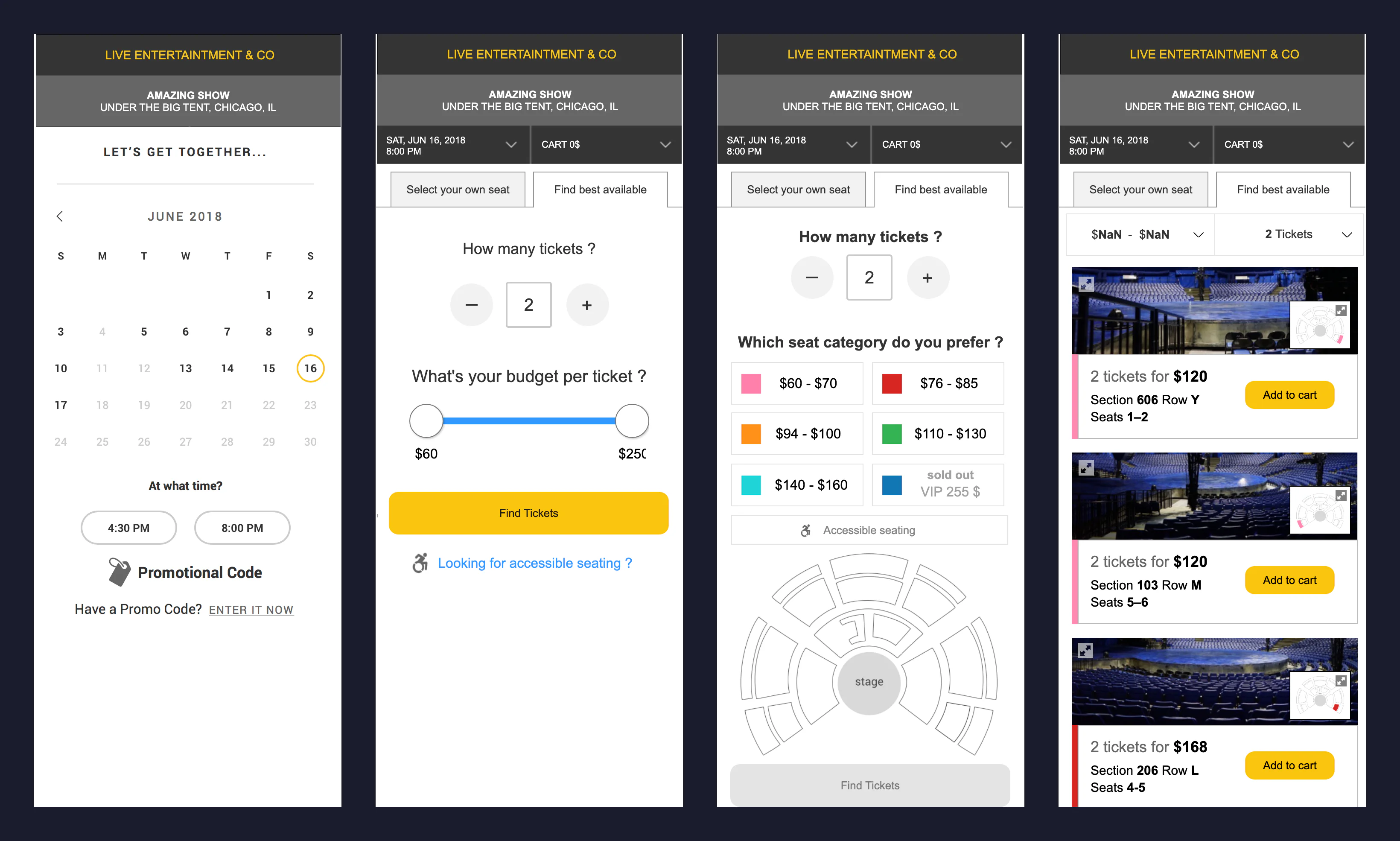Mobile prototype: date, number of tickets and budget, seat category, best available seats