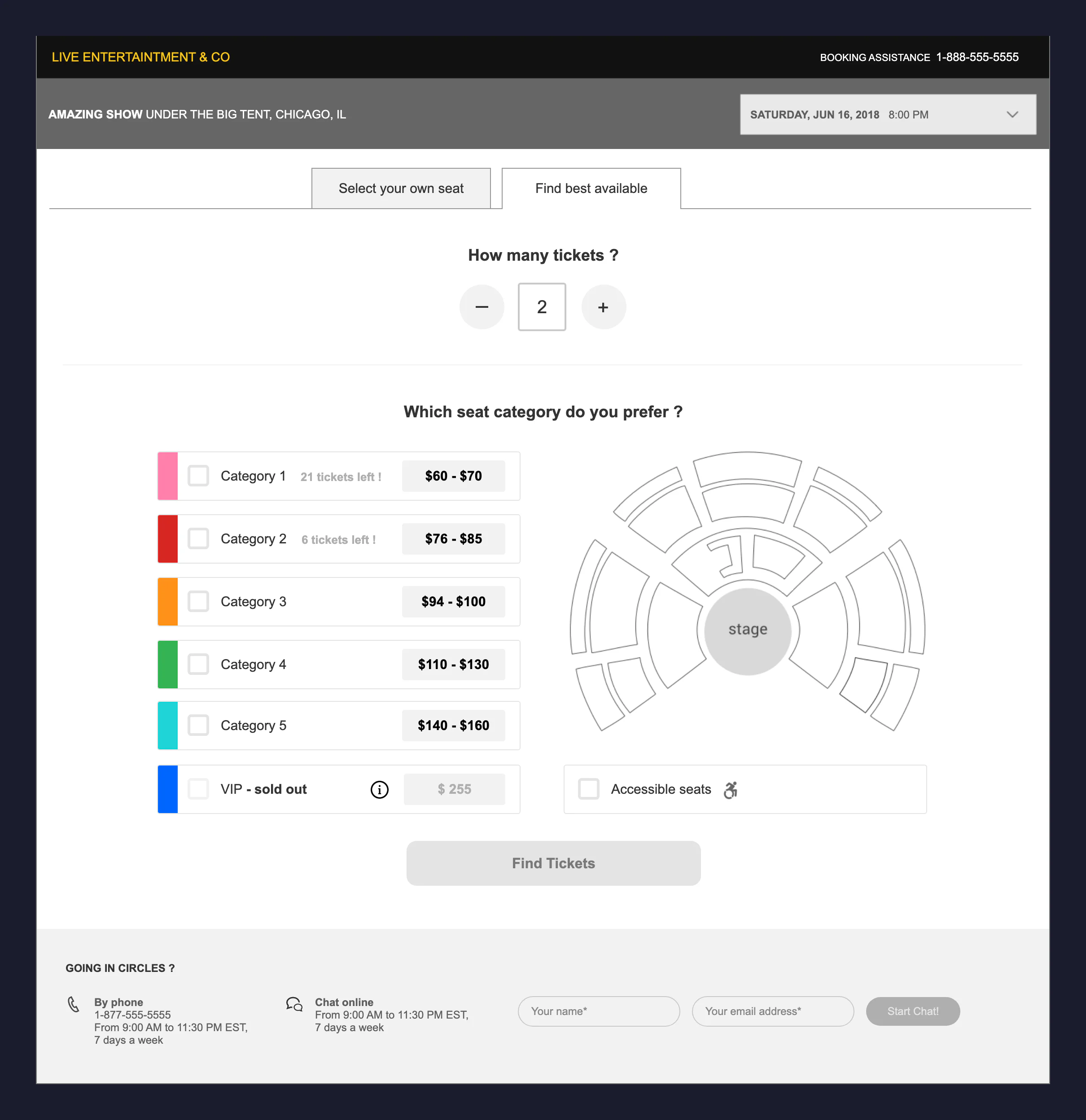 Desktop prototype: choosing a seat category on the venue map