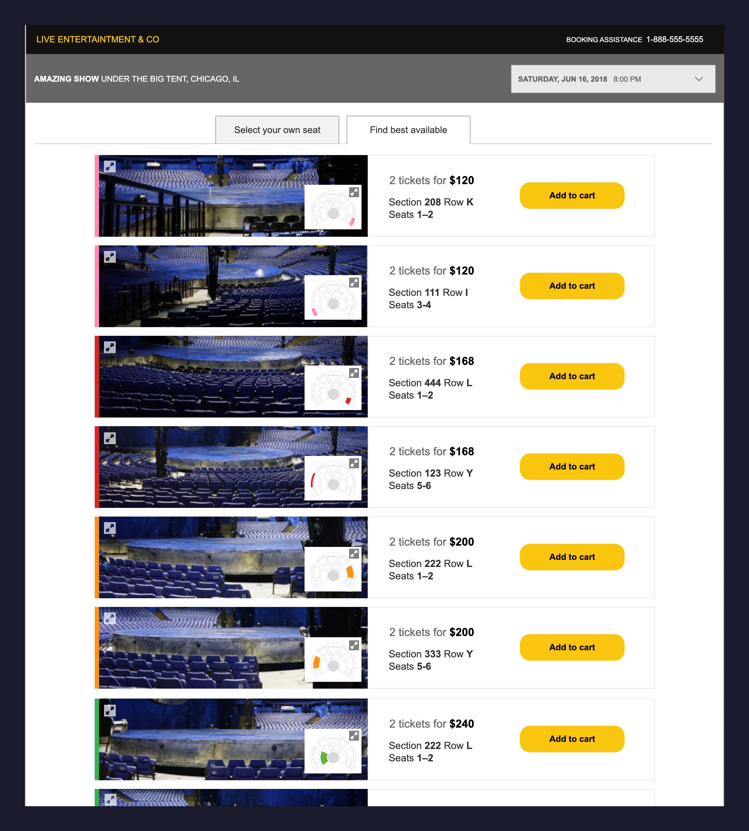 Desktop prototype: best available seats, with the view from each seat