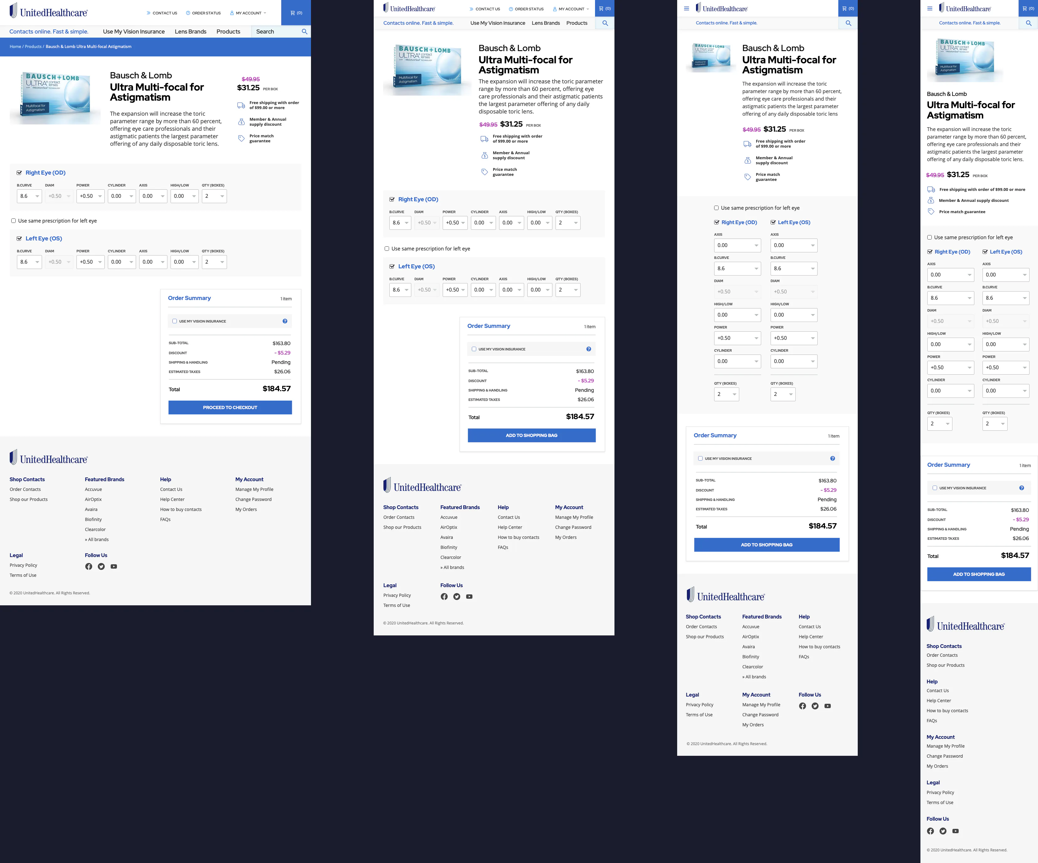 ABB Optical: product page with prescription entry, from desktop to mobile